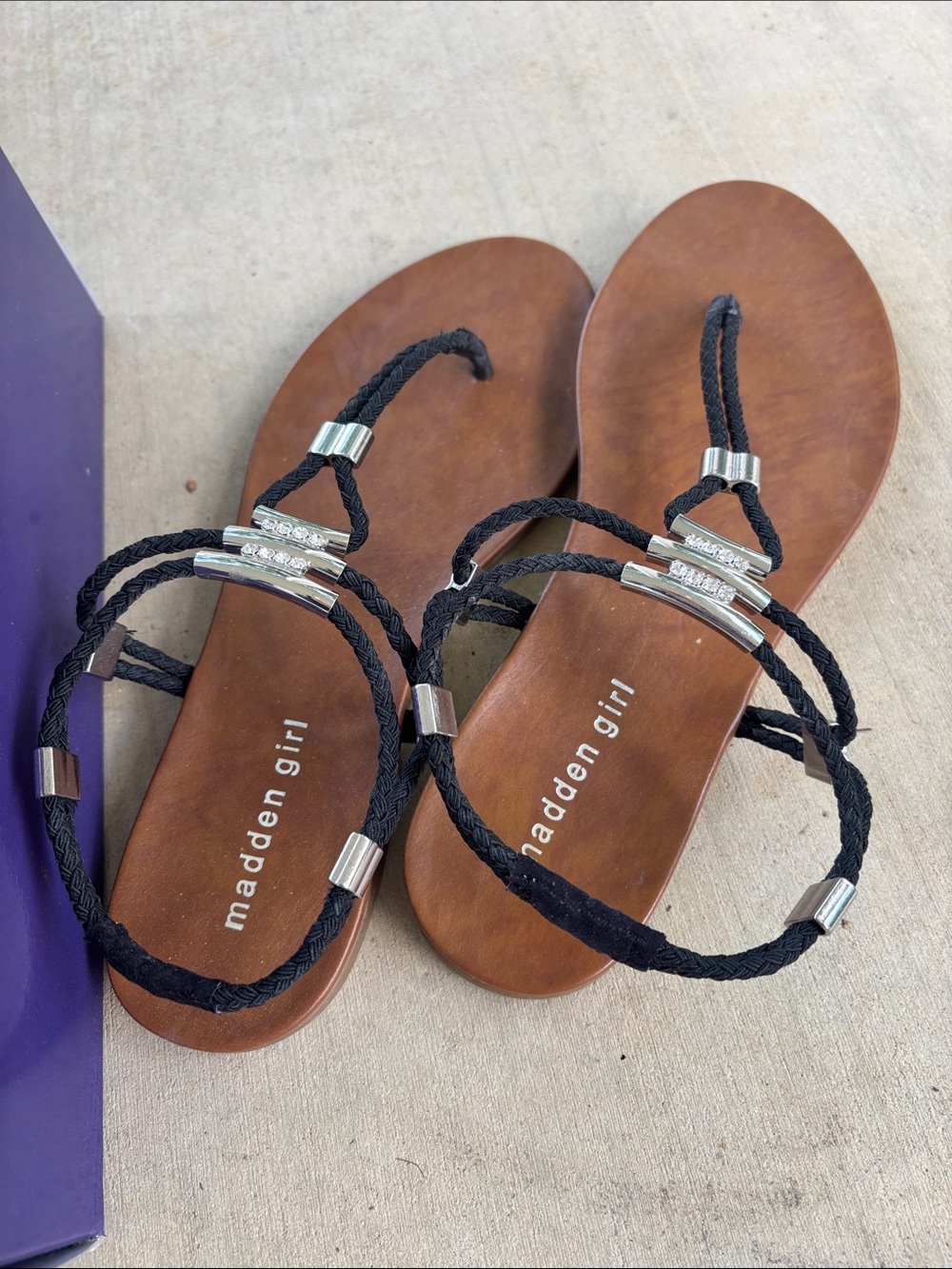 Madden Girl Black Braided Strap Sandals with Silver Accents